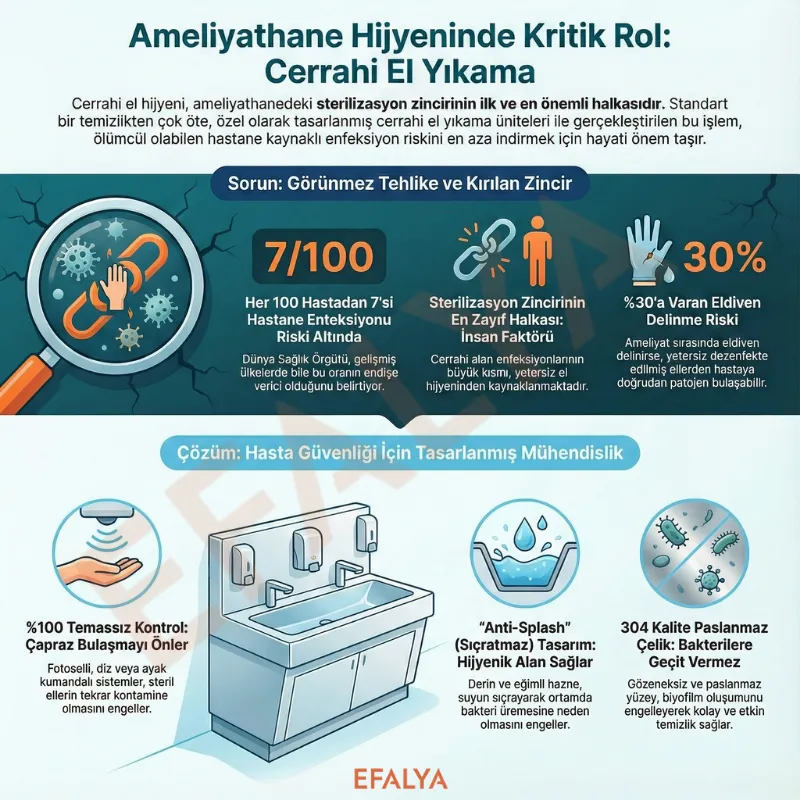 Ameliyathane hijyeninde cerrahi el yıkamanın önemi, hastane enfeksiyonu riskleri ve paslanmaz çelik doktor lavabosu özelliklerini içeren teknik infografik.