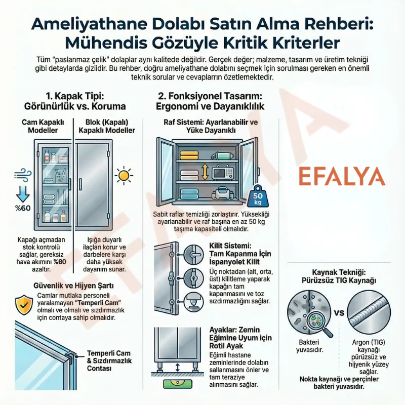 Ameliyathane dolabı hijyen standartları infografiği: 304 kalite paslanmaz çelik özellikleri, pürüzsüz TIG kaynağı detayları ve kontaminasyon riskini azaltan cam kapaklı tasarım.