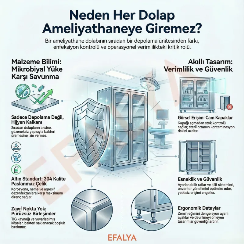 Efalya ameliyathane dolabı infografiği: 304 kalite paslanmaz çelik özellikleri, TIG kaynağı detayı, enfeksiyon kontrolü ve ergonomik tasarım kriterleri.