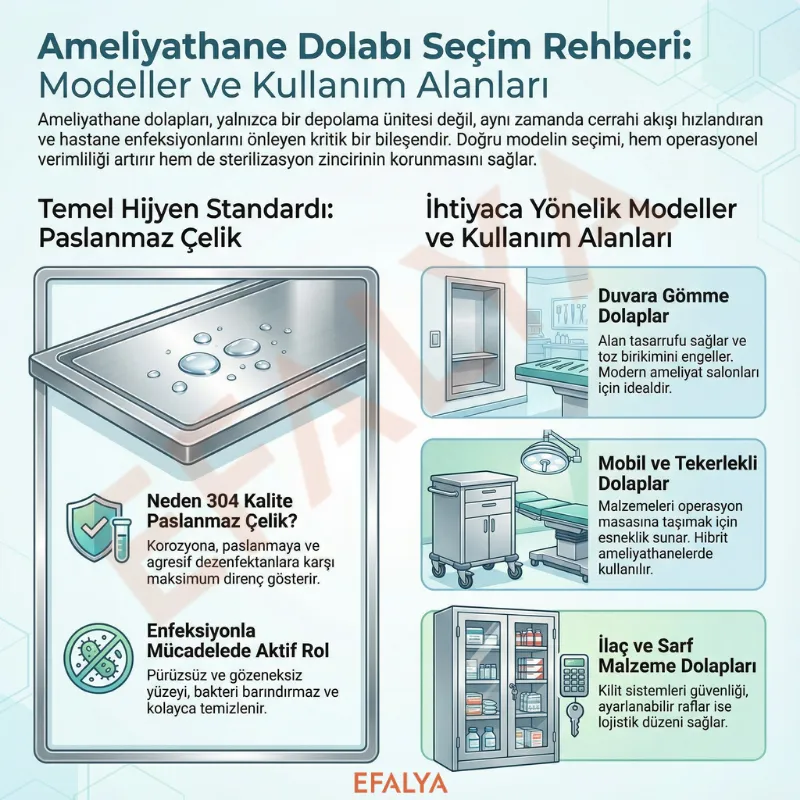 Efalya ameliyathane dolabı teknik özellikleri infografiği: 304 kalite paslanmaz çelik, mikrobiyal yüke karşı direnç, TIG kaynağı pürüzsüz birleşimler, cam kapaklı görsel erişim ve ayarlanabilir ergonomik ayak detayları.