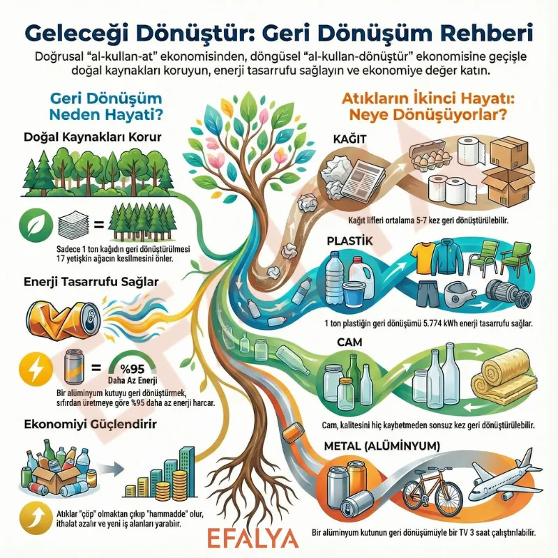 Atığın yolculuğunu ve 4 aşamalı geri dönüşüm döngüsünü (ayrıştırma, toplama, işleme, üretim) gösteren Efalya infografiği.