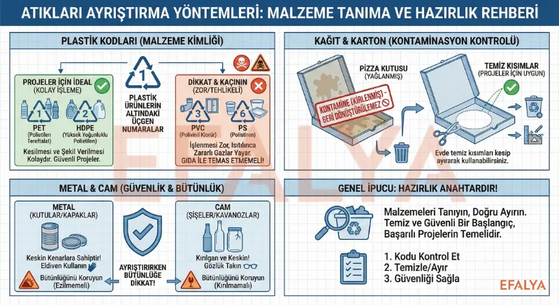 Atık ayrıştırma yöntemleri ve malzeme tanıma rehberi; plastik kodları (PET, HDPE, PVC, PS), kağıt kontaminasyon kontrolü ve metal/cam hazırlığı.