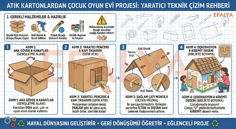 Atık karton kutulardan çocuk oyun evi yapımı; ana gövde montajı, panjur kapak tasarımı ve kiremit deseni boyama rehberi.