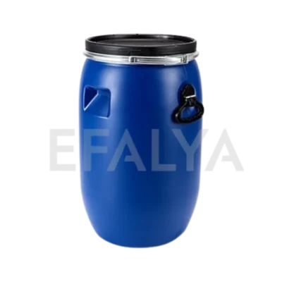 Mavi renkli, siyah çember kilitli kapaklı, yanlardan taşıma kulplu plastik atık yağ geri dönüşüm kutusu bidonu.