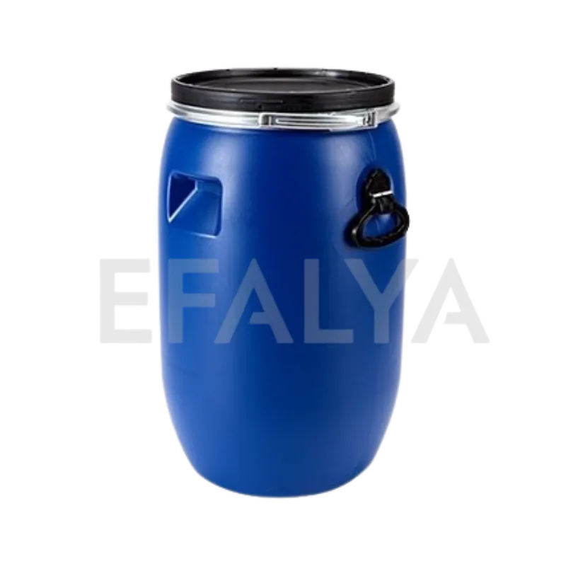 Mavi renkli, siyah çember kilitli kapaklı, yanlardan taşıma kulplu plastik atık yağ geri dönüşüm kutusu bidonu.