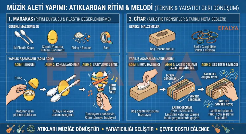 Atık malzemelerden marakas ve gitar yapımı; plastik kaşık ve peçete kutusu değerlendirme teknikleri.