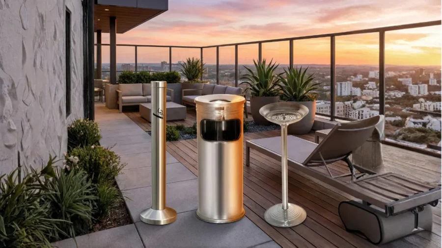 Modern teras üzerinde sergilenen boru tipi, çöp kovalı ve balkon tipi paslanmaz çelik ayaklı küllük modelleri.