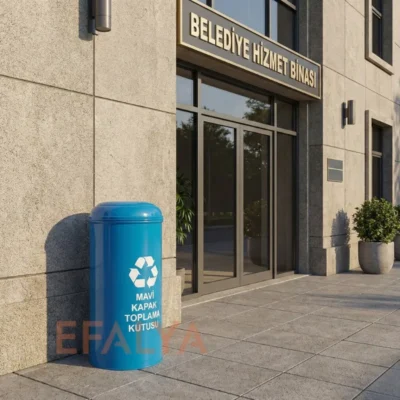Modern bir belediye hizmet binası önünde, taş zemin üzerinde konumlandırılmış; üzerinde beyaz geri dönüşüm logosu ve "MAVİ KAPAK TOPLAMA KUTUSU" yazısı bulunan silindirik mavi metal kutu.