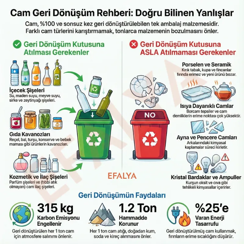 Cam geri dönüşüm rehberi infografiği: Geri dönüşüm kutusuna atılması gereken cam şişeler ve kavanozlar ile asla atılmaması gereken porselen, seramik ve ayna gibi materyallerin karşılaştırması.