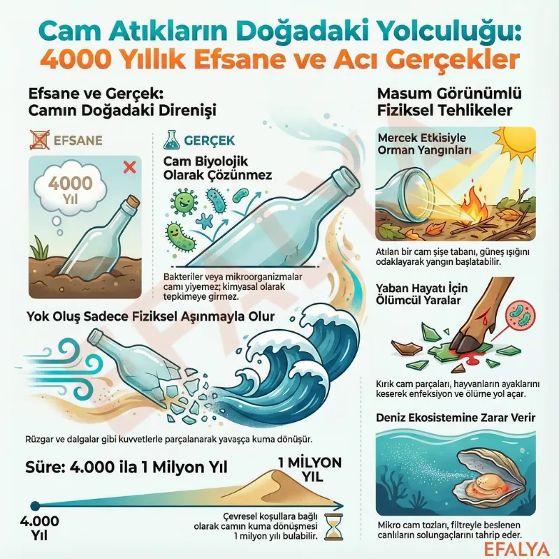 Cam atıkların doğada yok oluş süreci ve çevresel zararları infografiği. Camın 4000 yıllık direnci, mercek etkisiyle orman yangınları ve deniz ekosistemine etkileri.