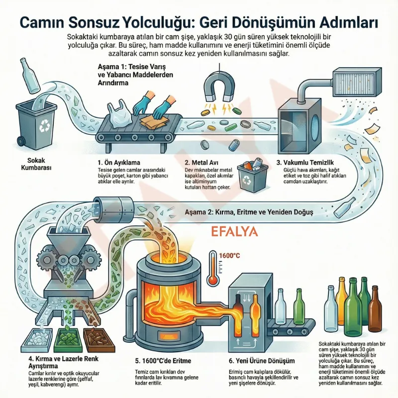 Camın sonsuz yolculuğu infografiği: Cam geri dönüşüm adımları olan ön ayıklama, mıknatısla metal ayrıştırma, vakumlu temizlik, lazerle renk ayırma ve 1600 derecede eritme süreçlerinin şeması.