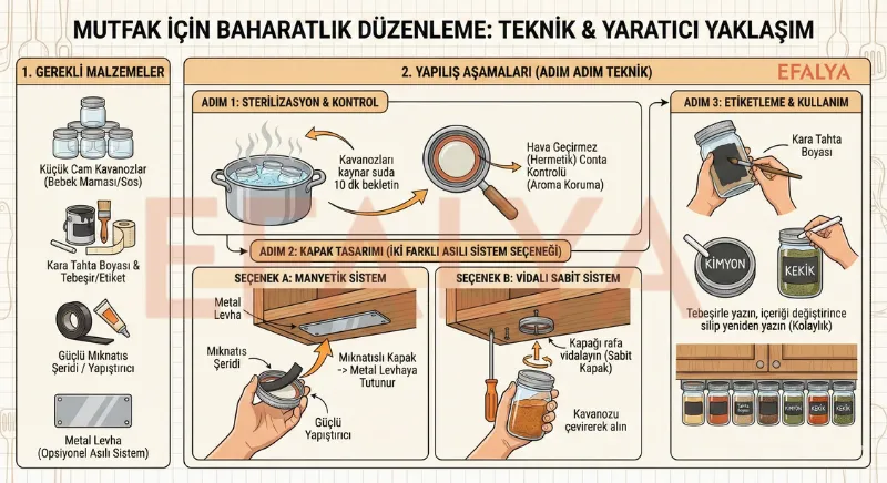 Mutfak için cam kavanozlardan baharatlık düzenleme; manyetik ve vidalı asılı sistem seçenekleri ile sterilizasyon aşamaları.
