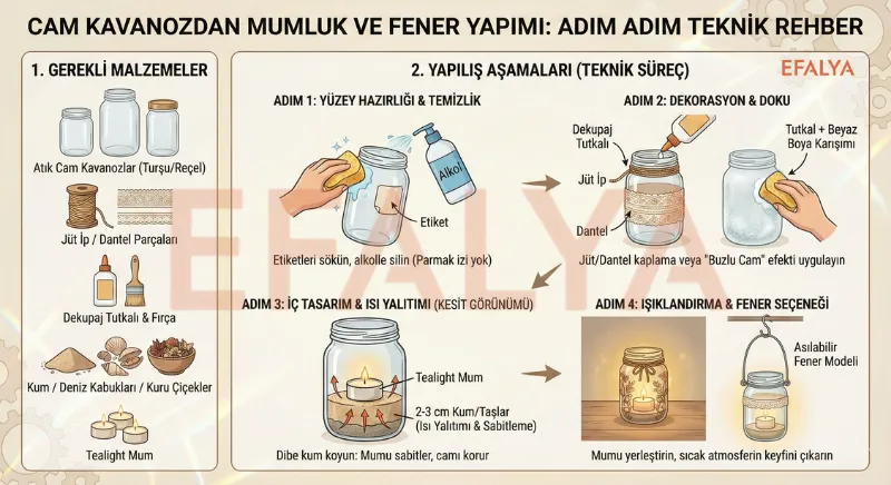 Atık cam kavanozlardan dekoratif mumluk ve fener yapımı; yüzey temizliği, jüt ip süsleme ve ısı yalıtımı teknikleri.