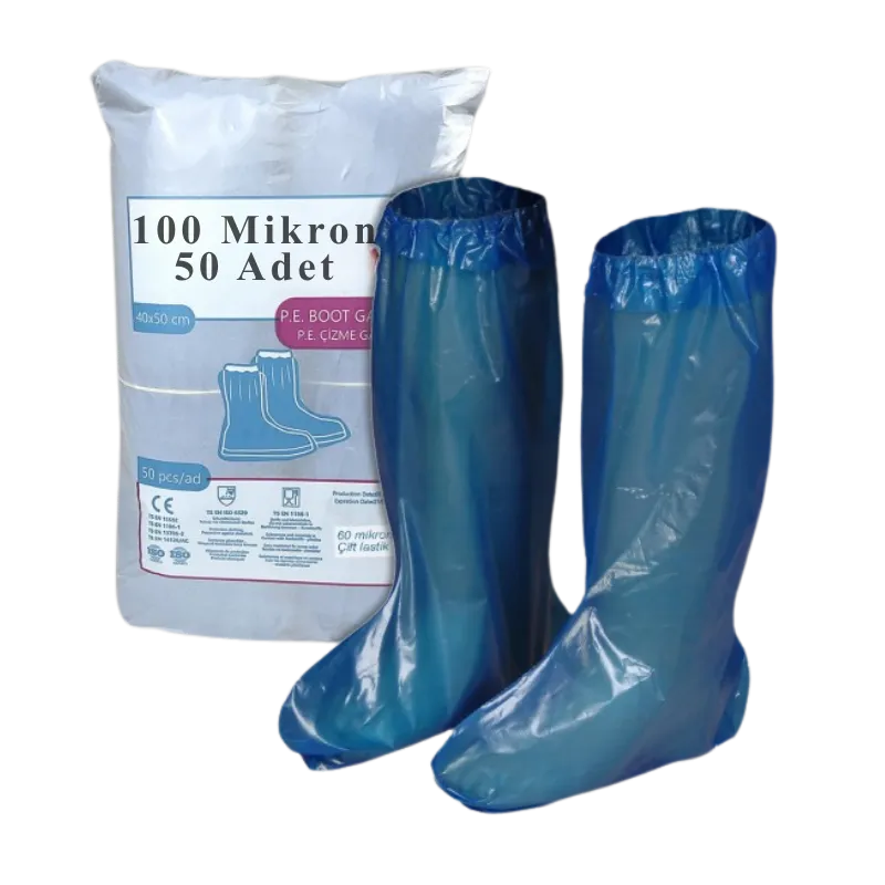 100 mikron ultra kalın mavi polietilen bot ve çizme galoşu 50 adet rulo paket ve diz altı koruyucu görünümü.