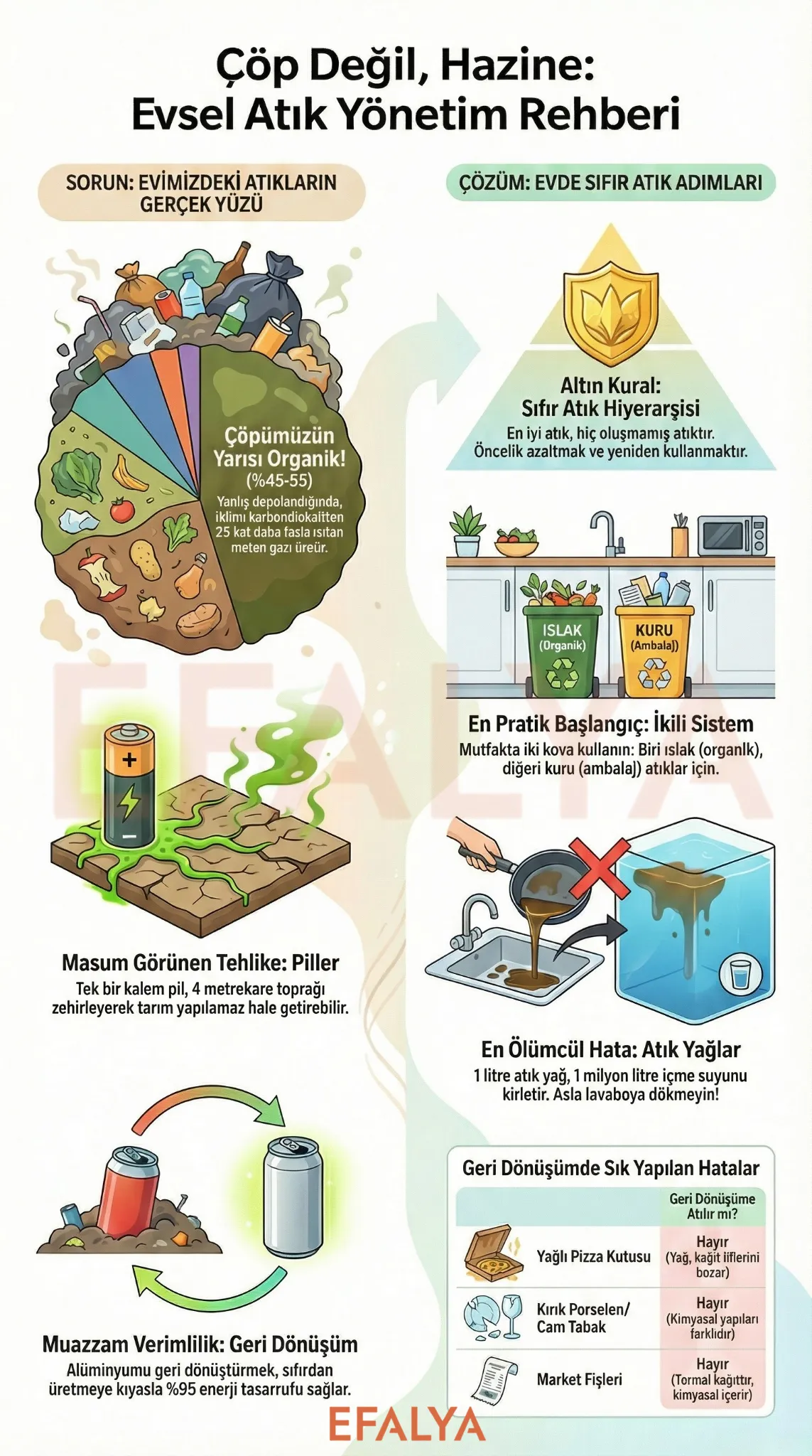 Sıfır atık hiyerarşisi (Önle, Azalt, Yeniden Kullan) ve yağlı pizza kutusu gibi geri dönüşümde sık yapılan hatalar infografiği.
