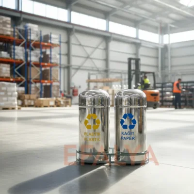 Geniş bir lojistik deposunda yüksek raf sistemleri ve forklift önünde konumlandırılmış; sarı (plastik) ve mavi (kağıt) ayrıştırma bölmelerine sahip domed kapaklı 2'li paslanmaz çelik sıfır atık ünitesi.