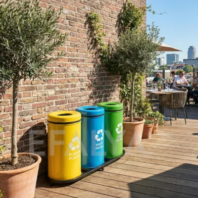 Tuğla duvarlı bir restoran terasında, zeytin ağaçları yanında konumlandırılmış sarı, mavi ve yeşil renkli 3lü atık kutusu ünitesi.