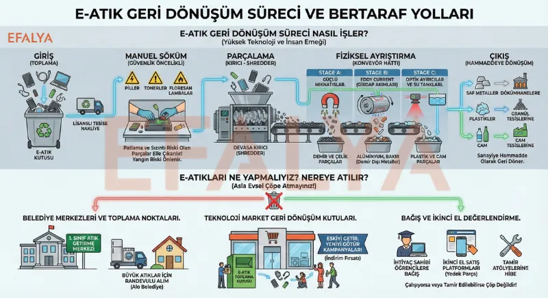 E-atık geri dönüşüm aşamaları (manuel söküm, parçalama, ayrıştırma) ve toplama noktalarını (belediye, market, bağış) gösteren rehber görsel.