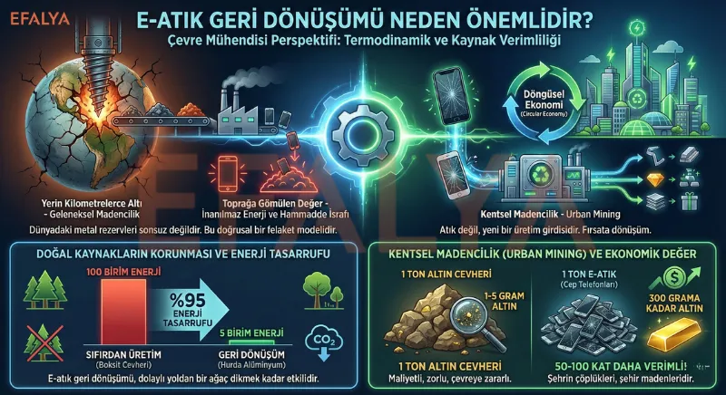 Kentsel madencilik (urban mining) verimliliği, altın cevheri ile e-atık kıyaslaması ve geri dönüşümün %95 enerji tasarrufu sağladığını gösteren infografik.