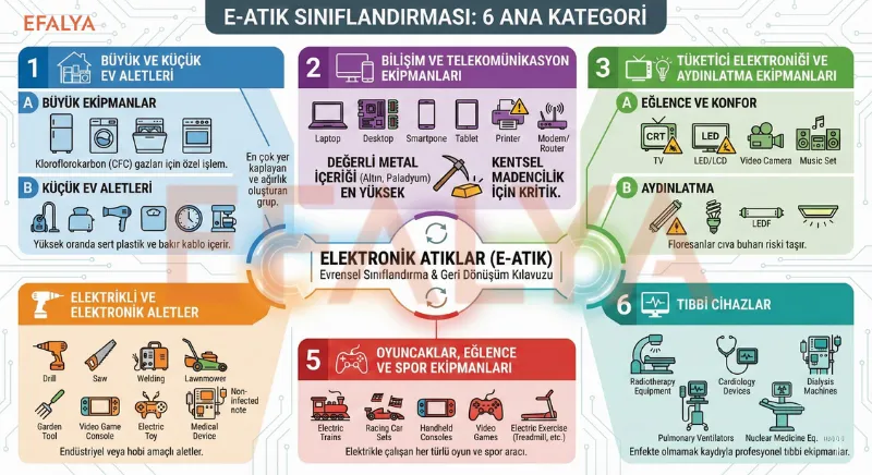Büyük ev aletleri, bilişim ekipmanları ve tıbbi cihazları içeren 6 ana kategoride e-atık sınıflandırma tablosu.