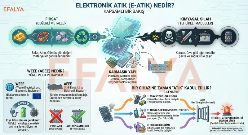 Elektronik atıkların tanımı, değerli metaller, tehlikeli maddeler ve cihazların atık olma süreçlerini anlatan detaylı e-atık rehber infografiği.