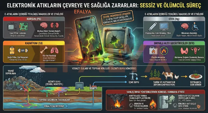 Kurşun, cıva ve kadmiyum gibi ağır metallerin yeraltı suları ve besin zinciri yoluyla insan sağlığına etkilerini gösteren e atık zararları infografiği.
