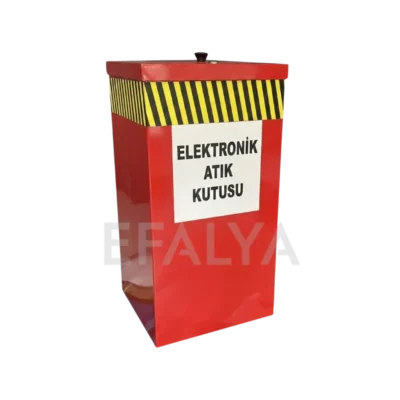 Kırmızı renkli, üst kısmı sarı-siyah uyarı şeritli, üzerinde elektronik atık kutusu yazan metal geri dönüşüm kutusu.