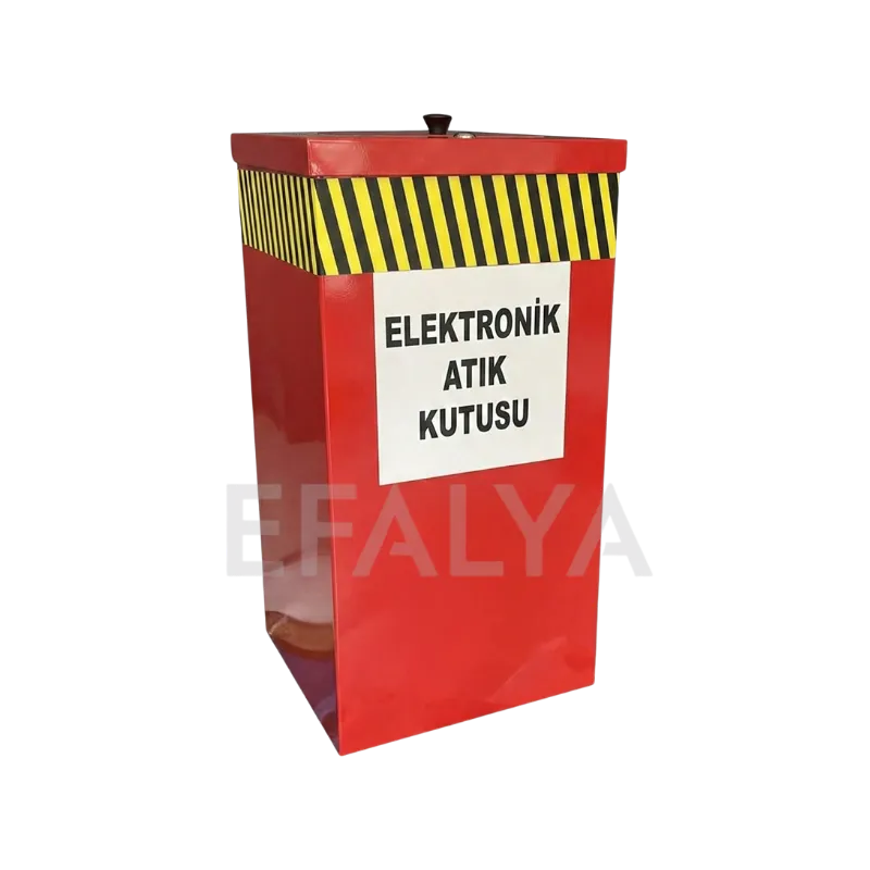 Kırmızı renkli, üst kısmı sarı-siyah uyarı şeritli, üzerinde elektronik atık kutusu yazan metal geri dönüşüm kutusu.