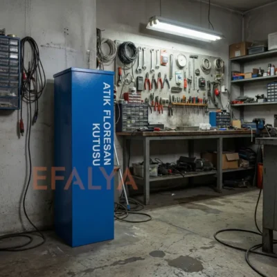 Endüstriyel bir teknik atölyede ve modern bir server odasında konumlandırılmış; üzerinde dikey olarak beyaz "ATIK FLORESAN KUTUSU" yazısı bulunan mavi metal tehlikeli atık ünitesi.