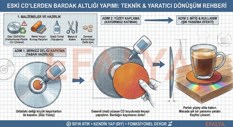 Eski CD’lerden bardak altlığı yapımı; polikarbonat plastik dönüşümü, yüzey kaplama ve kaydırmaz taban uygulaması.