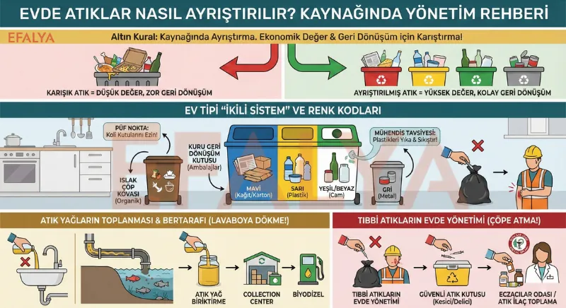 Evde atık ayrıştırma yöntemleri, geri dönüşüm kutusu renkleri ve tıbbi atık yönetimi rehberi infografiği.