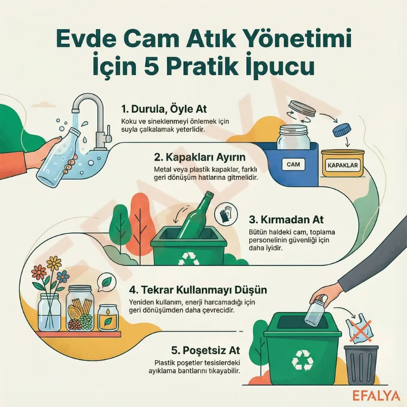 Evde cam atık yönetimi için 5 pratik ipucu infografiği. Şişeleri durulama, kapakları ayırma, kırmadan atma, yeniden kullanım ve poşetsiz bertaraf etme adımları.