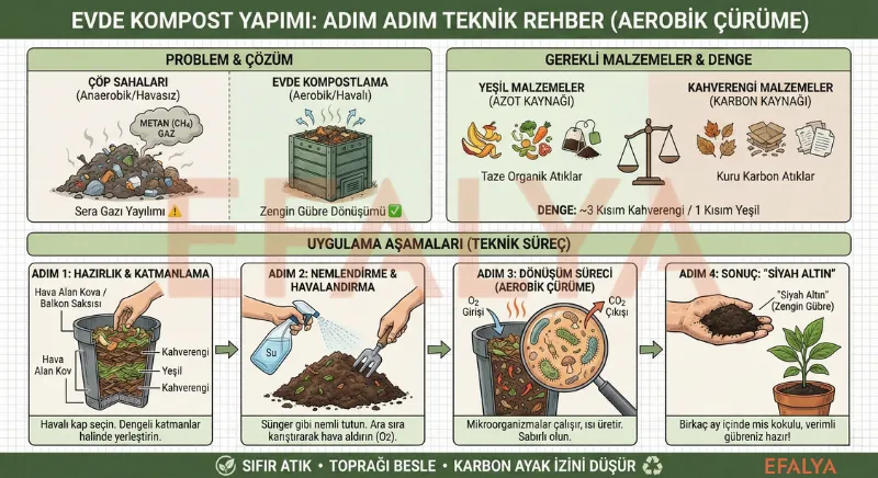 Evde kompost yapımı; yeşil ve kahverengi malzeme dengesi, nemlendirme ve aerobik çürüme süreci teknik rehberi.