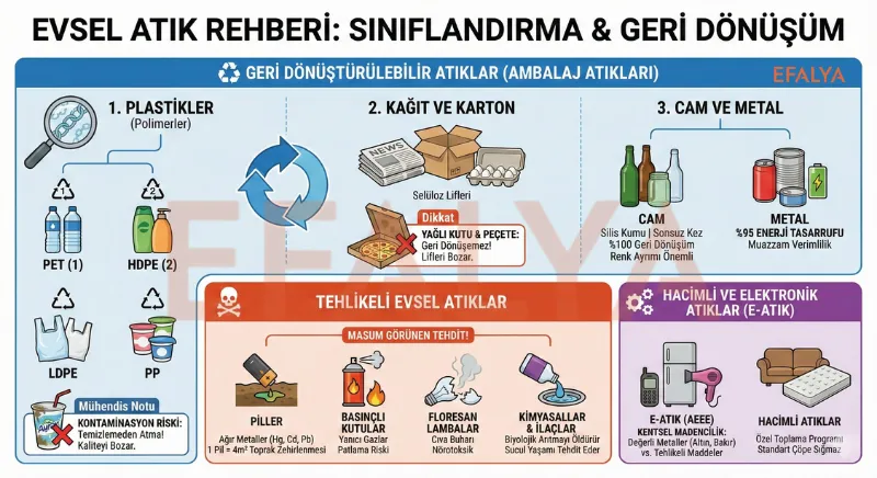 Plastik (PET, HDPE, LDPE, PP), kağıt, cam, metal ve tehlikeli evsel atıkları kategorize eden kapsamlı geri dönüşüm rehberi görseli.