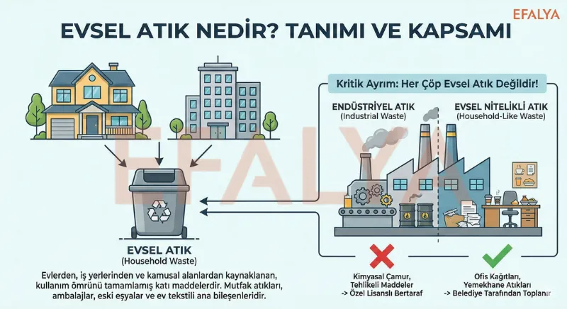 Evsel atık tanımı ve kapsamı infografiği; endüstriyel atık ve evsel nitelikli atık arasındaki farkları gösteren şematik anlatım.