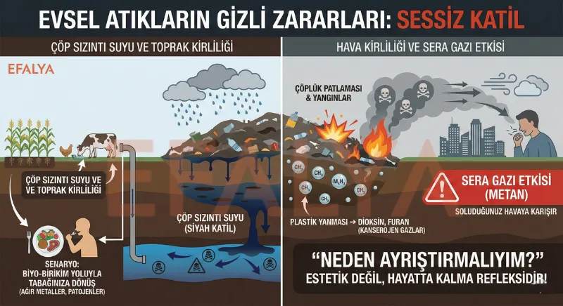 Çöp sızıntı suyunun besin zinciri yoluyla insana ulaşması ve kontrolsüz atık depolama alanlarındaki hava kirliliğini anlatan şema.