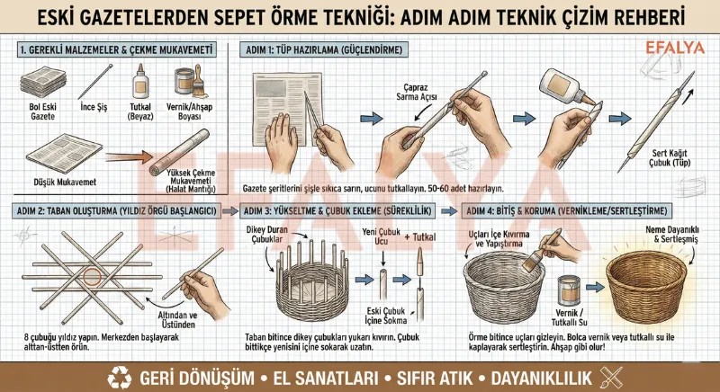 Eski gazetelerden sepet örme teknikleri; kağıt tüp hazırlama, yıldız örgü taban başlangıcı ve vernikleme aşamaları.