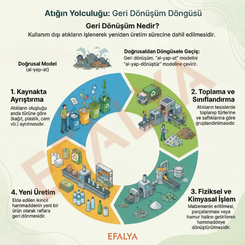 Atığın yolculuğu ve 4 aşamalı geri dönüşüm döngüsünü anlatan Efalya infografiği.