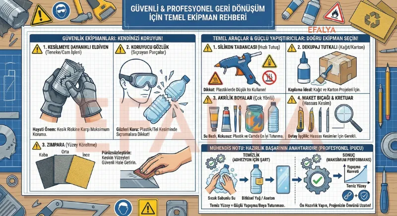 Geri dönüşüm projeleri için güvenlik ekipmanları; kesilmeye dayanıklı eldiven, koruyucu gözlük ve temel yapıştırıcılar kılavuzu.