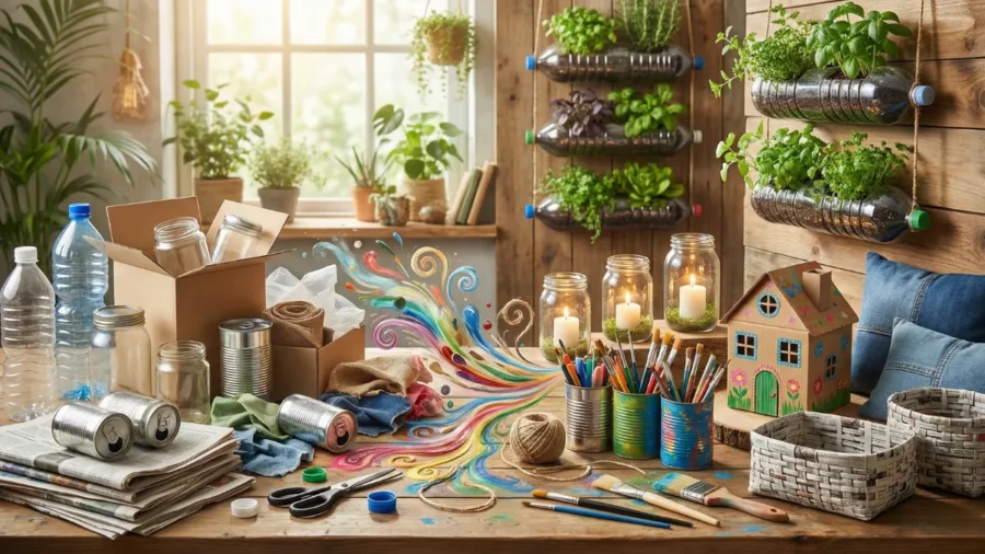 Evde yapılabilecek yaratıcı geri dönüşüm projeleri ve ileri dönüşüm fikirlerini temsil eden, plastik şişe, cam kavanoz ve karton kutuların yer aldığı çalışma masası.