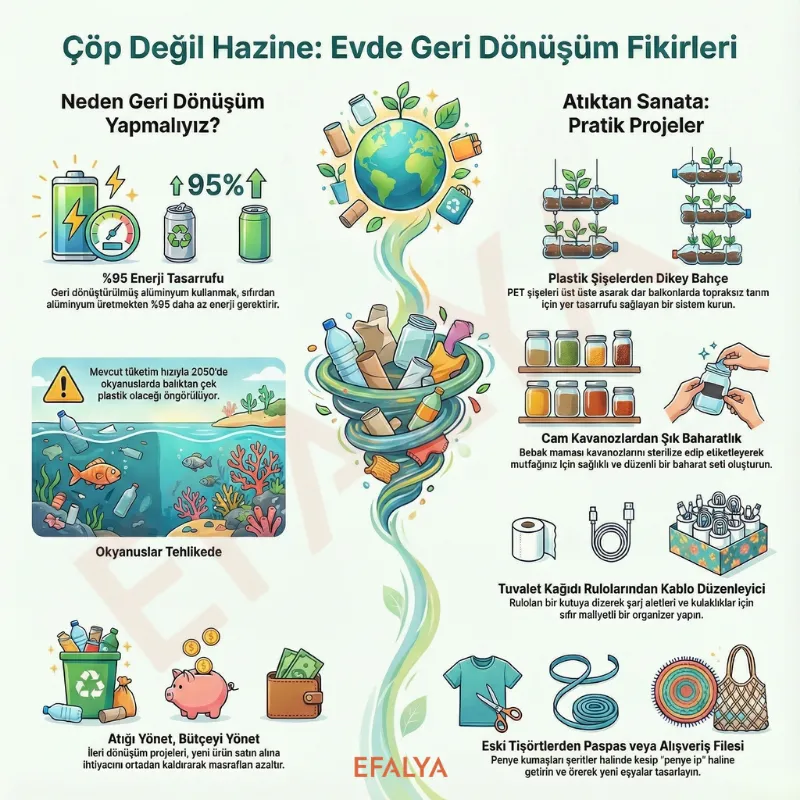 Evde geri dönüşüm projeleri kapsamında plastik şişelerden dikey bahçe, cam kavanoz süsleme ve boyalı kalemlik çalışmalarının sergilendiği yaratıcı çalışma alanı.