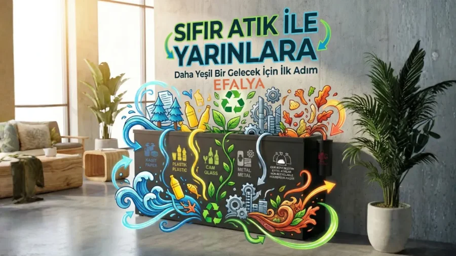 Efalya markalı 5'li sıfır atık geri dönüşüm ünitesi üzerinde kağıt, plastik, cam, metal ve diğer atık bölmeleri; arka planda "Sıfır Atık İle Yarınlara" sloganı ve renkli atık ayrıştırma illüstrasyonları.