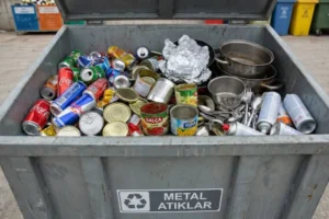 Gri renkli metal geri dönüşüm konteyneri içerisinde biriktirilmiş ezilmiş alüminyum kola kutuları, salça ve ton balığı konserve tenekeleri, eski çelik tencereler, metal çatal kaşıklar ve aerosol kutuları; üzerinde "Metal Atıklar" yazan etiket.