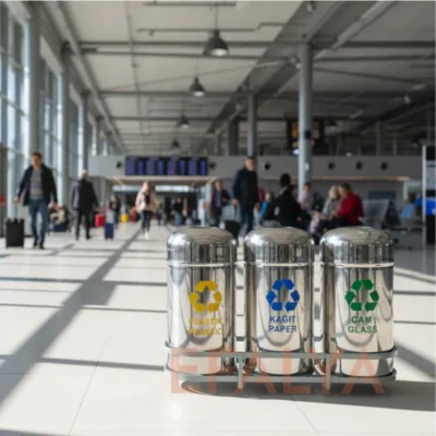 Modern bir havalimanı terminali koridorunda, yolcuların geçiş güzergahında konumlandırılmış; plastik, kağıt ve cam ayrıştırma bölmelerine sahip domed kapaklı 3'lü paslanmaz çelik sıfır atık ünitesi.
