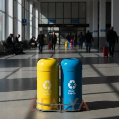 Geniş ve modern bir havalimanı terminali koridorunda, yolcuların geçiş güzergahında konumlandırılmış; sarı (plastik) ve mavi (kağıt) renkli, domed kapaklı sağlam 2'li metal atık standı geri dönüşüm ünitesi.