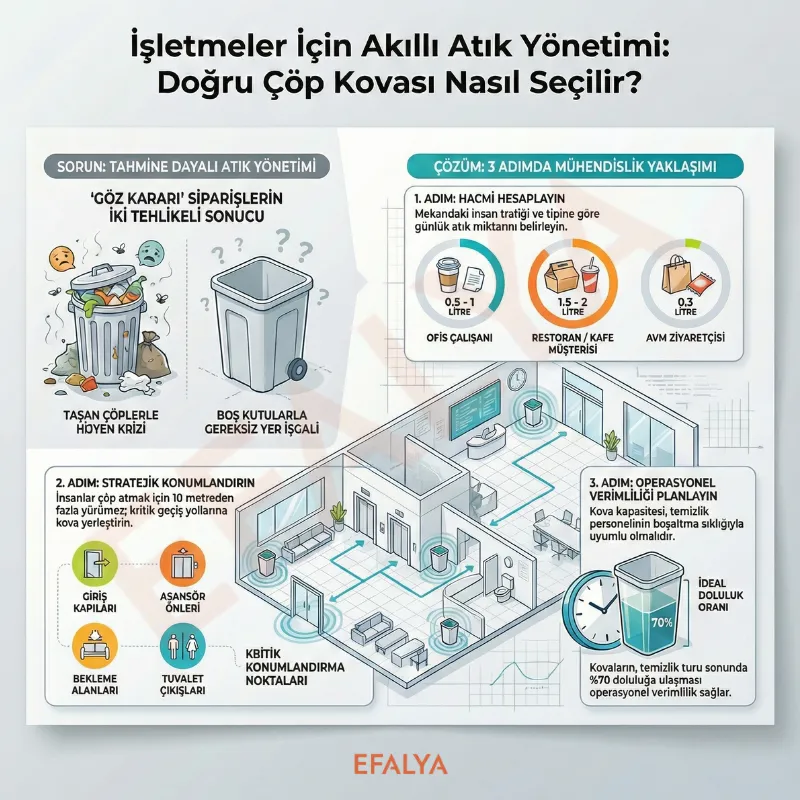 İşletmeler için akıllı atık yönetimi ve doğru çöp kovası seçimini anlatan infografik. Görselde; tahmine dayalı seçimin hijyen krizi veya yer işgali sorunlarına yol açtığı ve buna karşılık 3 adımlı mühendislik yaklaşımı (1: Hacim Hesabı, 2: Stratejik Konumlandırma, 3: Operasyonel Verimlilik) detaylandırılmaktadır. Ofis, restoran ve AVM için kişi başı atık miktarları, kova yerleşim noktaları ve %70 ideal doluluk oranı gibi veriler sunulmaktadır.