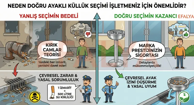 İşletmeler için doğru ayaklı küllük seçiminin önemini, marka prestiji ve çevre temizliği üzerinden karşılaştırmalı olarak anlatan infografik.