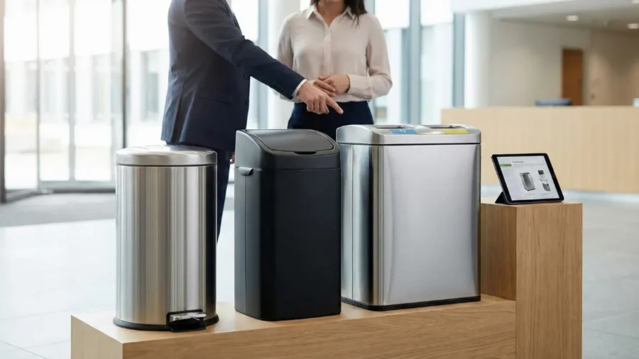Modern ofis ortamında incelenen paslanmaz çelik pedal mekanizmalı çöp kovası, siyah metal sallanır kapaklı kova ve ikili metal geri dönüşüm ünitesi modelleri.