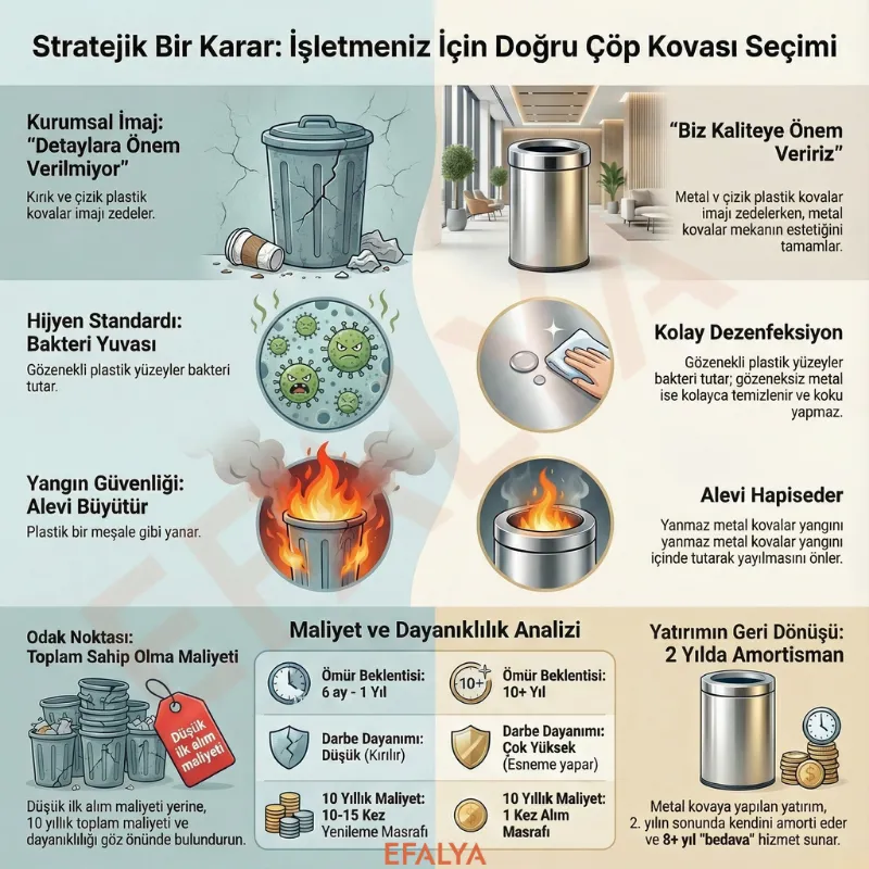 İşletmeler için doğru çöp kovası seçimini stratejik bir karar olarak ele alan infografik. Görselde, paslanmaz çelik ve metal çöp kovalarının (pedallı, sallanır kapaklı, geri dönüşüm üniteleri) plastik kovalara kıyasla kurumsal imaj, hijyen standartları, yangın güvenliği ve uzun vadeli maliyet/dayanıklılık analizi (2 yılda amortisman) açısından üstünlüklerini gösteren karşılaştırmalı veriler ve illüstrasyonlar yer almaktadır.