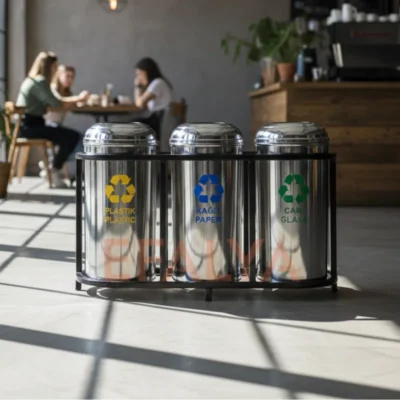 Modern bir kafe iç mekanında, tuğla duvar ve bar tezgahı önünde konumlandırılmış; sarı (plastik), mavi (kağıt) ve yeşil (cam) ayrıştırma bölmelerine sahip 3'lü kafes tipi paslanmaz atık ünitesi.